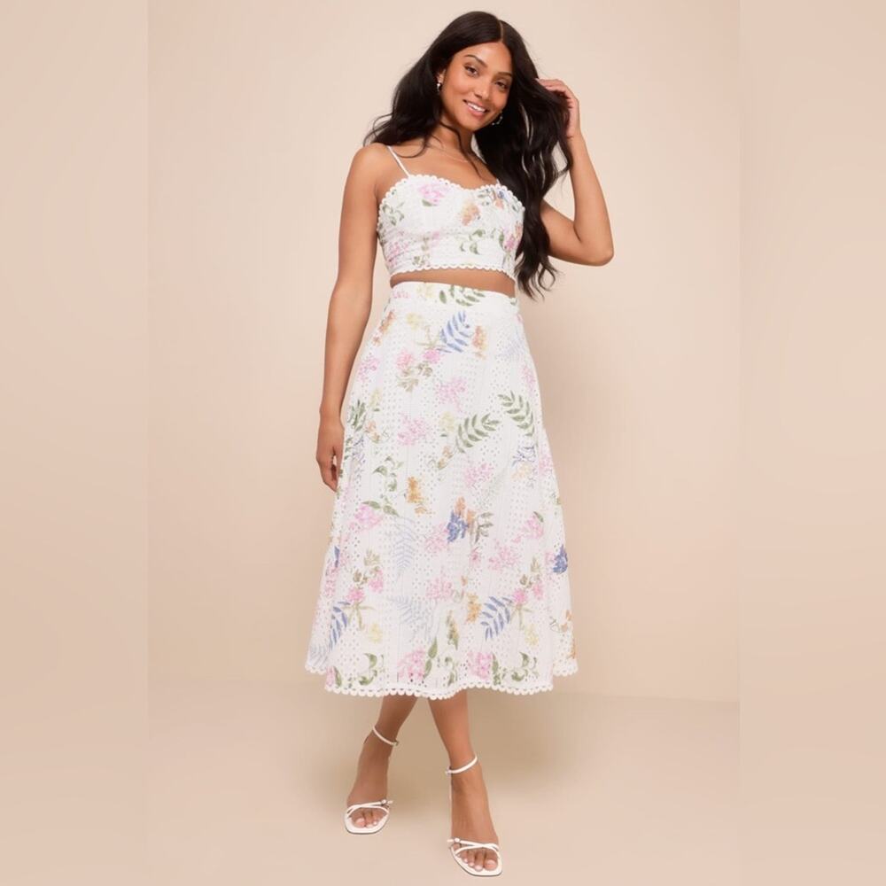 Lulus Sweet At Heart White Floral Embroidered Midi Skirt only - Picture 5 of 9